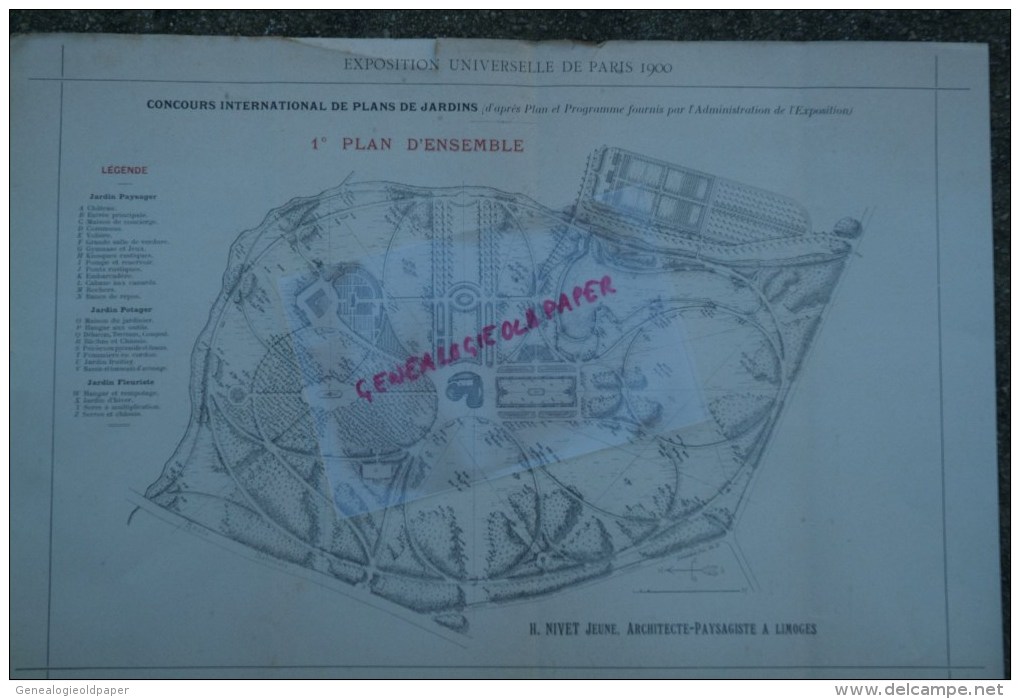 - 87- LIMOGES - RARE PLAN H. NIVET JEUNE- ARCHITECTE-PAYSAGISTE- EXPOSITION UNIVERSELLE PARIS 1900- PLANS DE JARDINS - Arquitectura