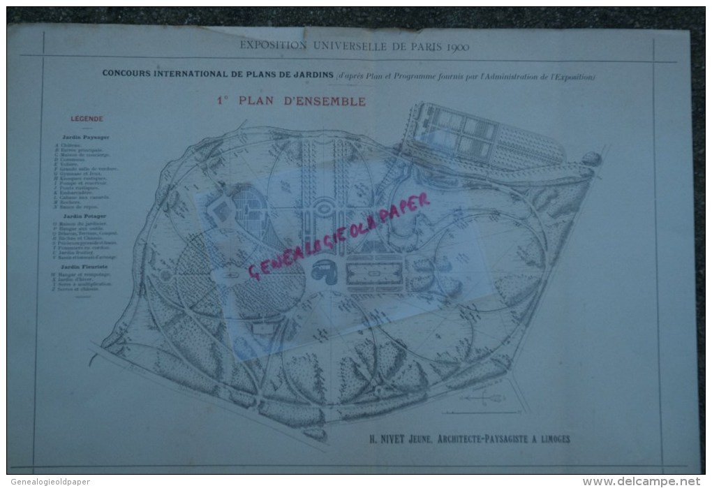 - 87- LIMOGES - RARE PLAN H. NIVET JEUNE- ARCHITECTE-PAYSAGISTE- EXPOSITION UNIVERSELLE PARIS 1900- PLANS DE JARDINS - Architecture