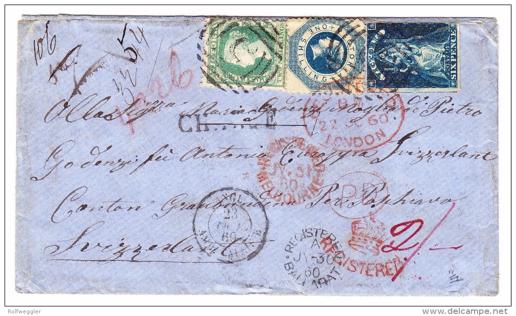 OZ Australien Victoria SG.#73 81 82 Auf 3 Farben-Frankatur R-Brief 30.7.1860 Ballarat In Die Schweiz - Covers & Documents