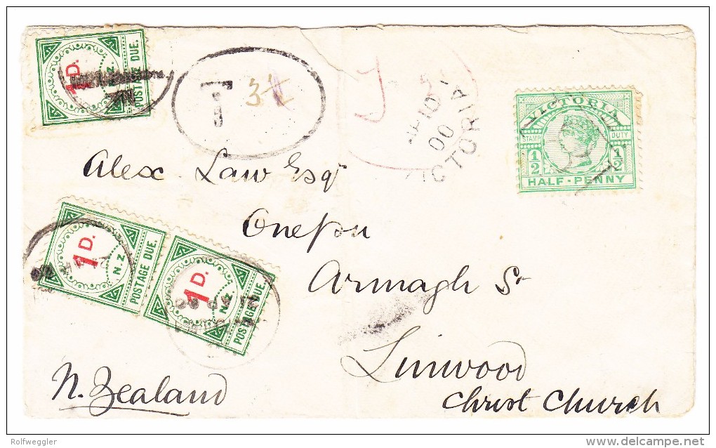 OZ Australien Victoria 10.4.1900 Lara Taxierter Brief Nach Christ Church Neuseeland - Lettres & Documents