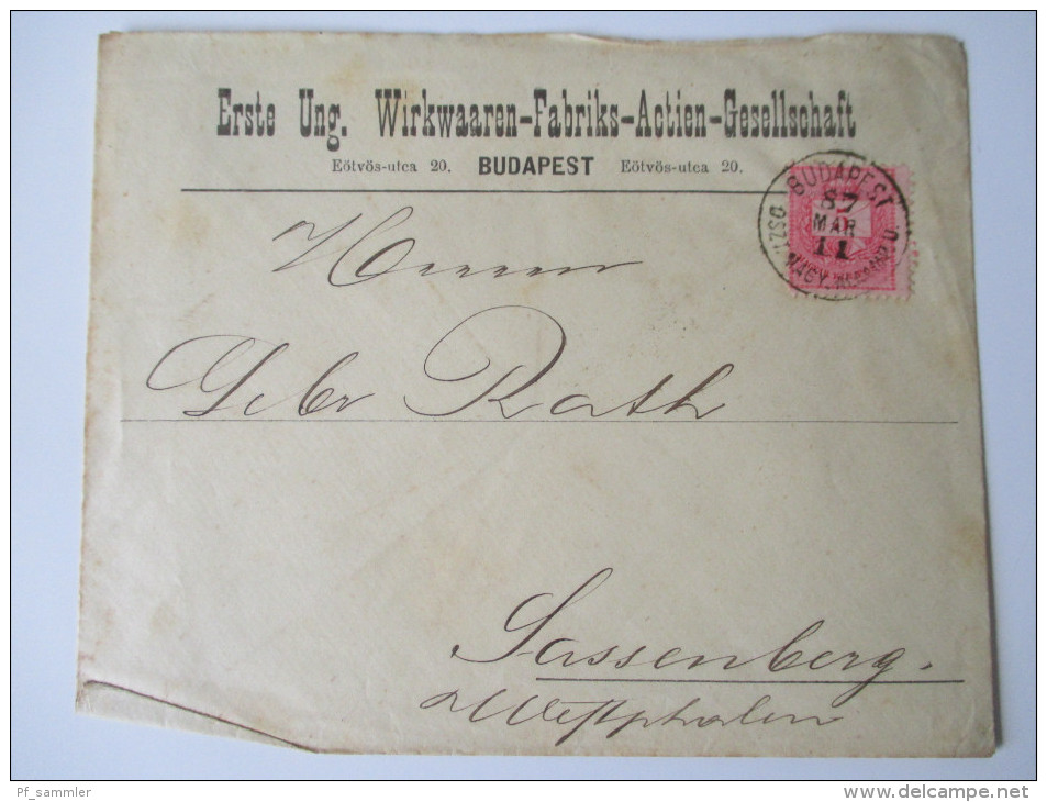 Ungarn 1887 EF. Budapest - Sassenberg (Ankunftst. K2 Nachverwend.) Erste Ung. Wirkwaaren-Fabriks-Actien-Gesellschaft - Covers & Documents