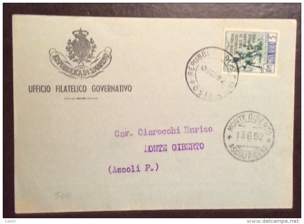 SAN MARINO 1952 - L. 5 XXVIII FIERA DI MILANO ISOLATO  SU CARTOLINA STAMPE PER MONTE GIBERTO ASCOLI PICENO - San Marino