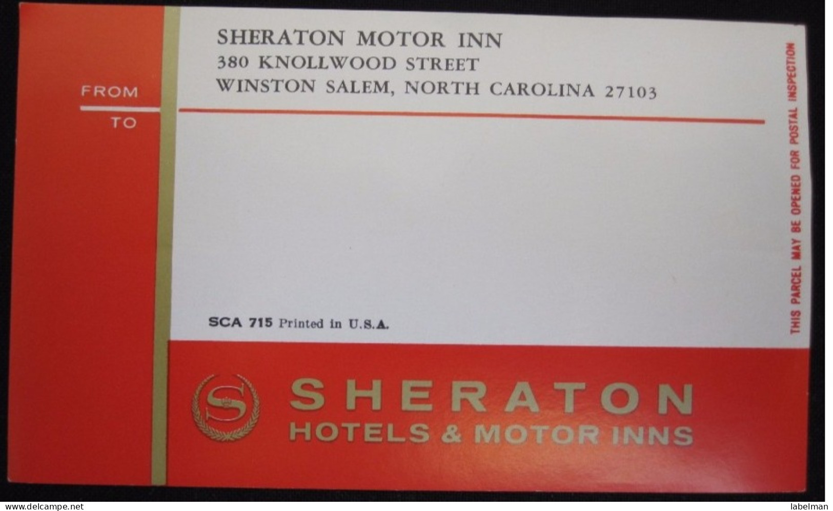 HOTEL MOTOR MOTEL LODGE INN SHERATON SALEM NORTH CAROLINA UNITED STATES LUGGAGE LABEL ETIQUETTE AUFKLEBER DECAL STICKER - Adesivi Di Alberghi