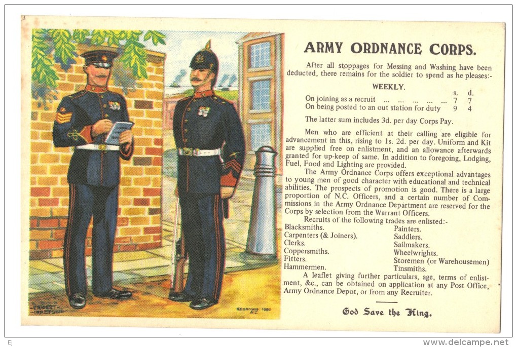 Army Ordnance Corps Colour Postcard (listing Rates Of Pay Etc In Early C20th) For 1950s Recruiting - Reproduced In 1980s - Other & Unclassified