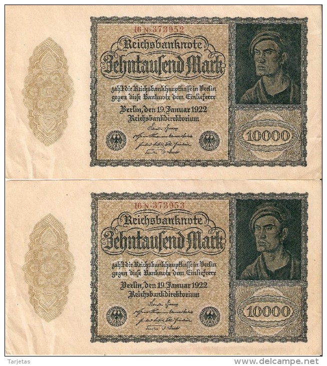 PAREJA CORRELATIVA DE ALEMANIA DE 10000 MARK DEL AÑO 1922 EN CALIDAD EBC (XF)(BANKNOTE) - 10.000 Mark
