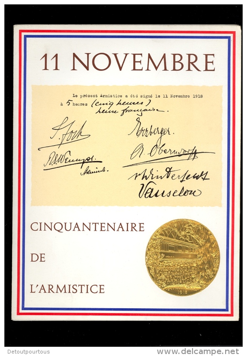 CINQUENTENAIRE DE L'ARMISTICE 11 NOVEMBRE  Plaquette (1500 Ex) Avec 2 Timbres Dont 1 1er Jour 1968 Paris - Collectors