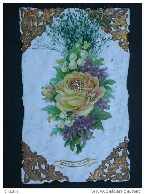 Ref4295 JU CPA Fantaisie - Bonne Et Heureuse Année - Collages Bouquet De Fleurs Et Feuillages En Relief - Autres & Non Classés