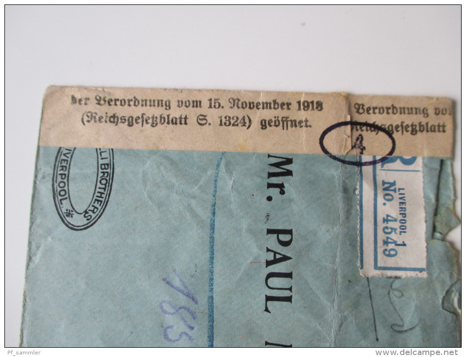 GB 1920 Registered Letter Mit Perfins. Zensur: Verordnung Vom 15. November 1918 Geöffnet. Mit Siegel - Storia Postale