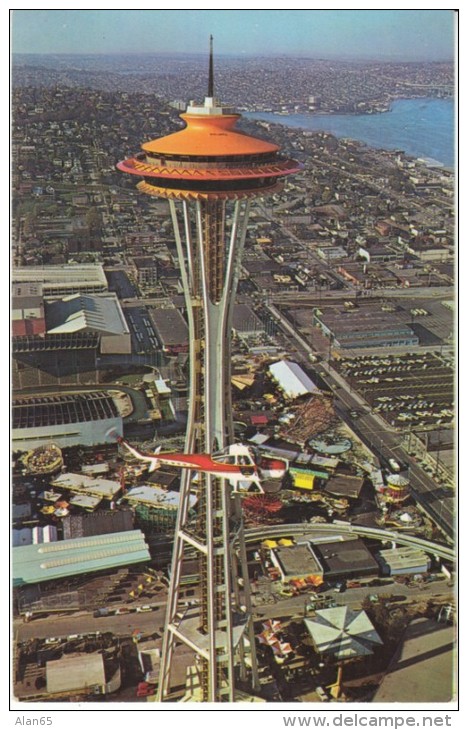 Seattle Washington, Helicopter Flying Near Space Needle, 1962 World's Fair Architecture, C1960s Vintage Postcard - Seattle