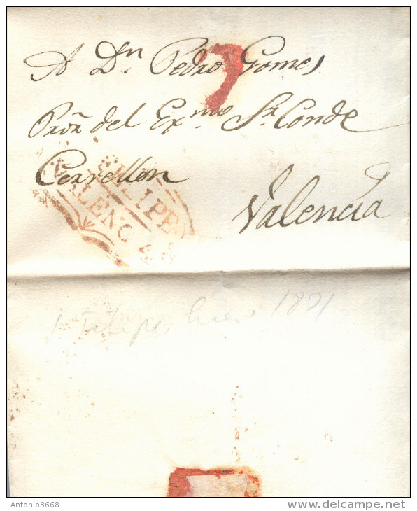 Año 1831 Prefilatelia Carta De San Felipe A Valencia Marcas Nº7 S.Felipe Valencia    Y Porteo Rojo - ...-1850 Prefilatelia