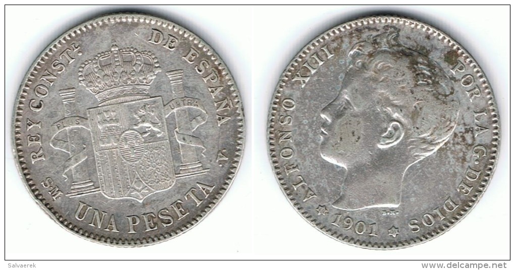 ESPAÑA ALFONSO XIII PESETA 1901 PLATA SILVER C29 - Colecciones