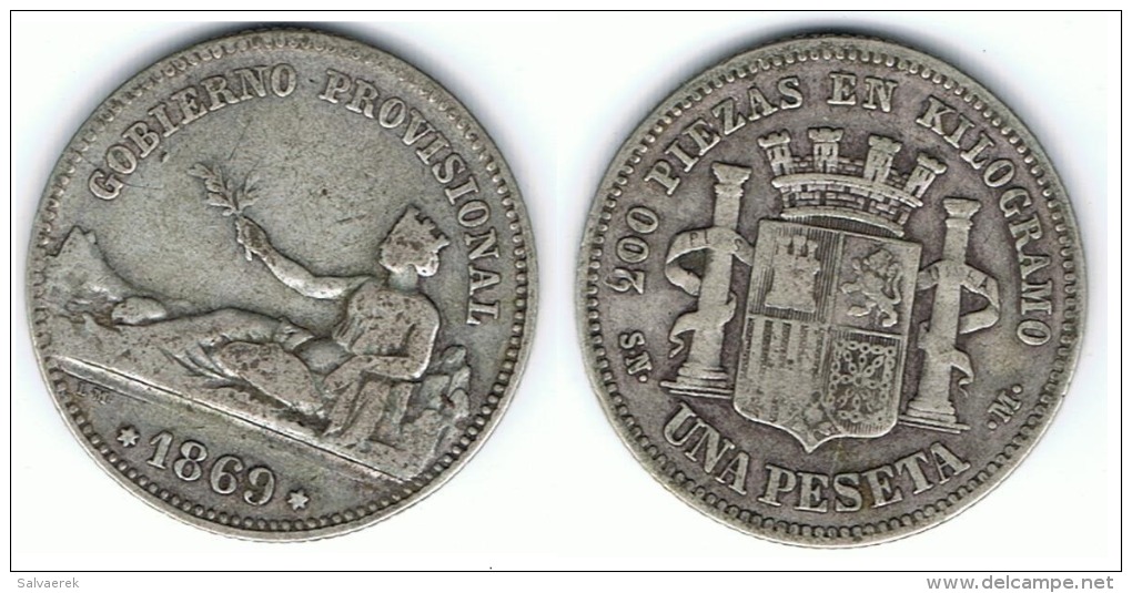 ESPAÑA I REPUBLICA  PESETA 1869 PLATA SILVER C23 GOBIERNO PROVISIONAL - Collezioni
