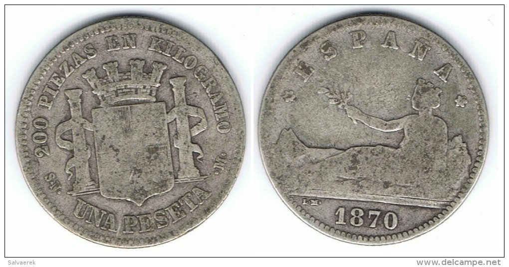 ESPAÑA I REPUBLICA  PESETA 1870 PLATA SILVER C14 - Colecciones