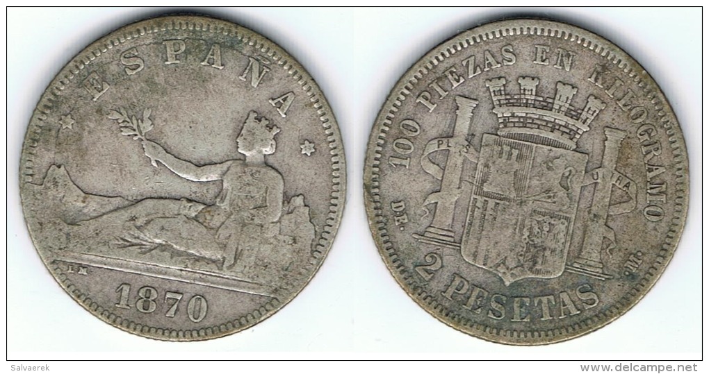 ESPAÑA I REPUBLICA 2 PESETAS 1870 PLATA SILVER C56 - Colecciones