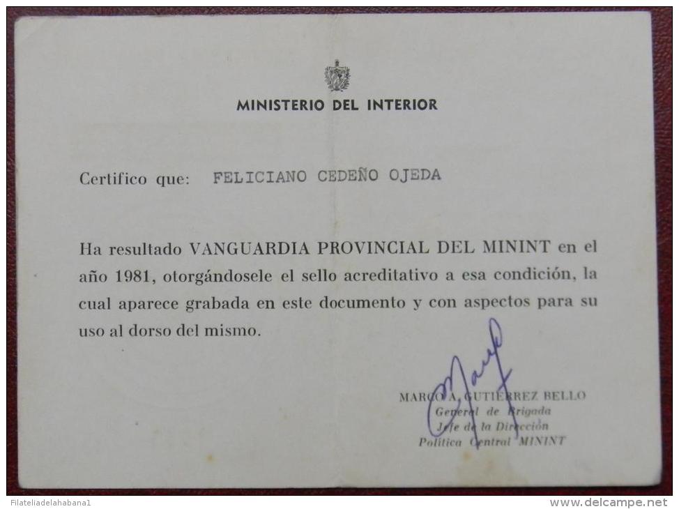 *O358 CUBA MILITAR CREDENCIAL DE MEDALLA. VANGUARDIA PROVINCIAL DEL MININT 1981. - Other & Unclassified