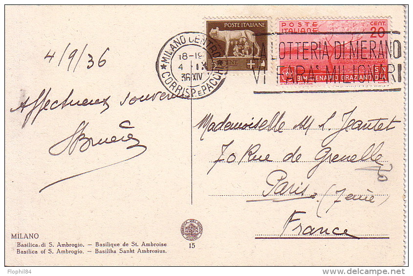 ITALIE - CARTE POSTALE DE MILAN POUR LA FRANCE LE 4-9-1936 - BEL AFFRANCHISSEMENT. - Sonstige & Ohne Zuordnung