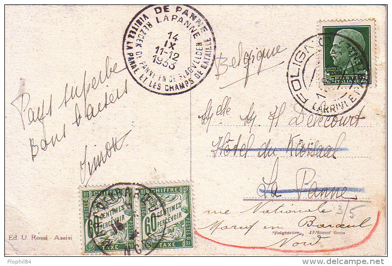 ITALIE - CARTE POSTALE FOLIGNO POUR LA BELGIQUE EN 1933 - CACHET SPECIAL DE LA PANNE CHAMP DE BATAILLE-TAXEE EN FRANCE A - Sonstige & Ohne Zuordnung