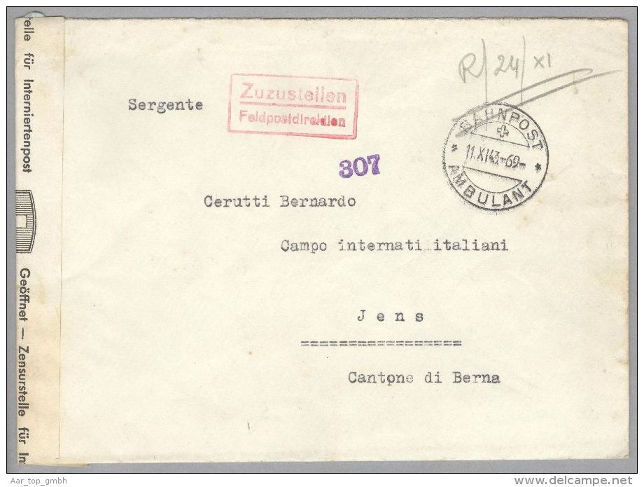 Motiv Militär Kriegsgefangene 1943-11-11 (Chiasso) Zensurierter Brief Ins Int.L.Jens - Vignetten