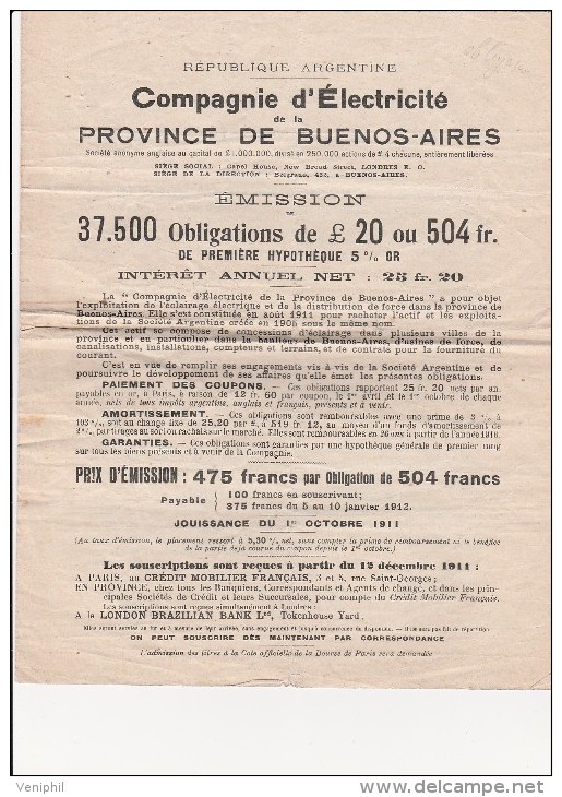 STATUTS COMPAGNIE D'ELECTRICITE DE LA PROVINCE DE BUENOS - AIRES  -ARGENTINE- 1911 - Sonstige & Ohne Zuordnung