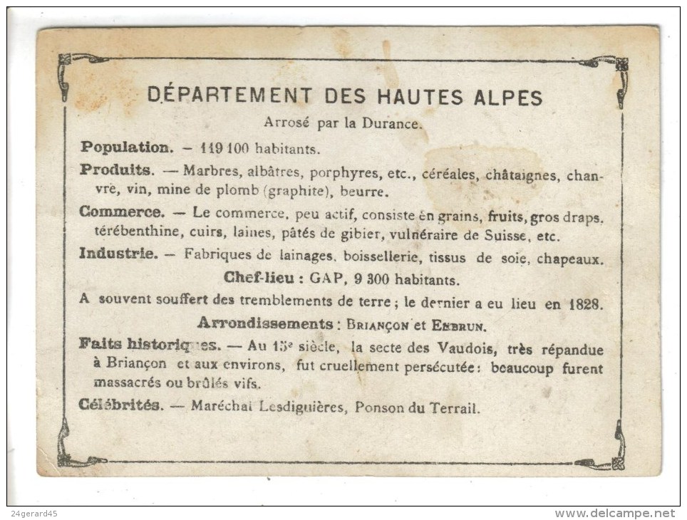 CHROMO REPRESENTATION GEOGRAPHIQUE DEPARTEMENT HAUTES ALPES - Cuirs, Loups... - Autres & Non Classés