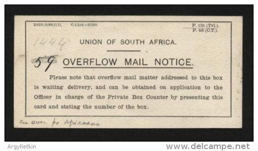SOUTH AFRICA "OVERFLOW MAIL" NOTICE - Unclassified