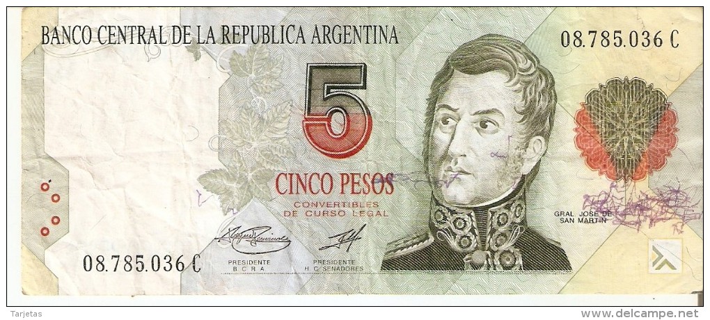 BILLETE DE ARGENTINA DE 5 PESOS CONVERTIBLES - JOSE DE SAN MARTIN (BANKNOTE) - Argentina