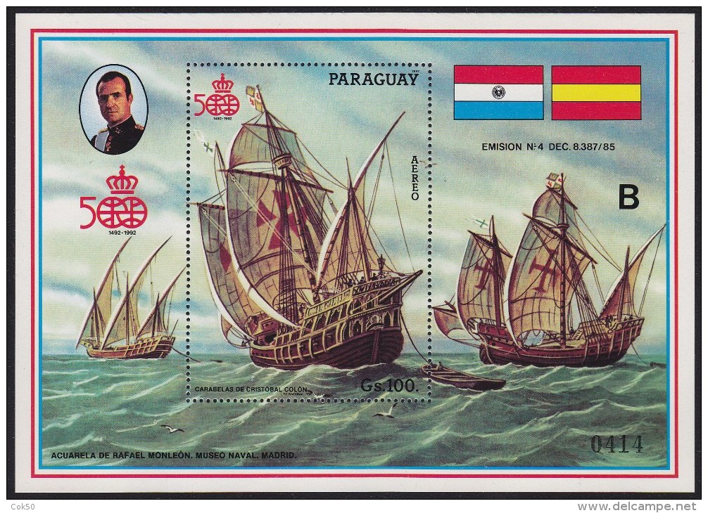 PARAGUAY - Columbus 500th Anniv. Ship/maritime S/S MNH, 1987 - Bateaux