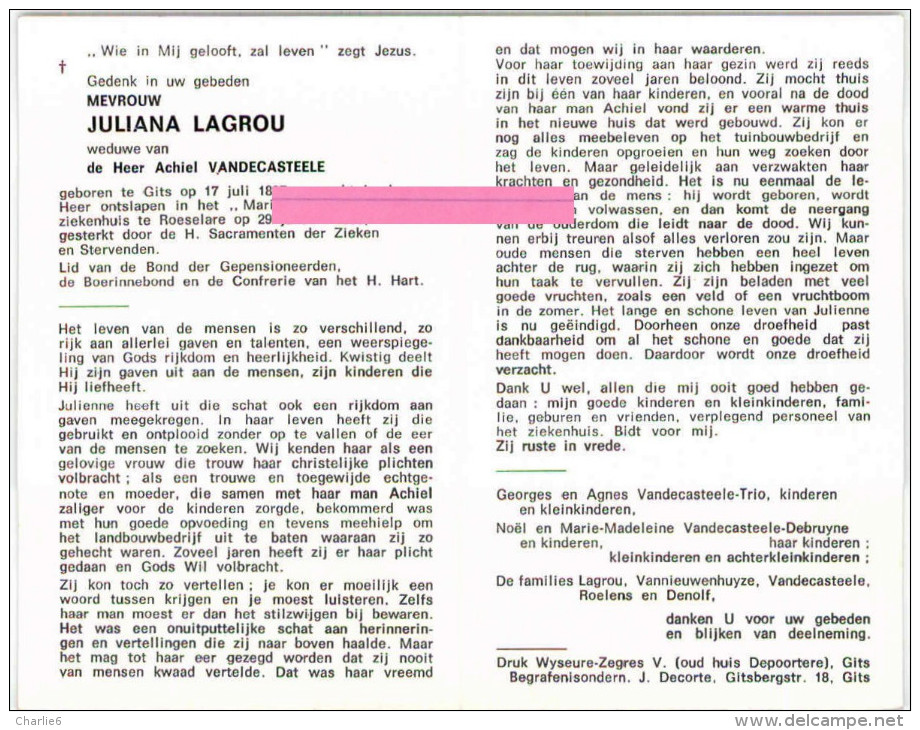 Lagrou Juliana Vandecasteele Vannieuwenhuyze Roelens Denolf Gits 1897   Bidprentje Doodsprentje - Religión & Esoterismo