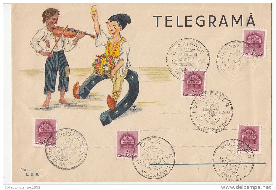 2224FM- TELEGRAMME COVER, BOYS, HORSE SHOE, VIOLIN, ROYAL CROWN STAMP, TRANSYLVANIAN TOWNS RETURNED, 1940, HUNGARY - Télégraphes