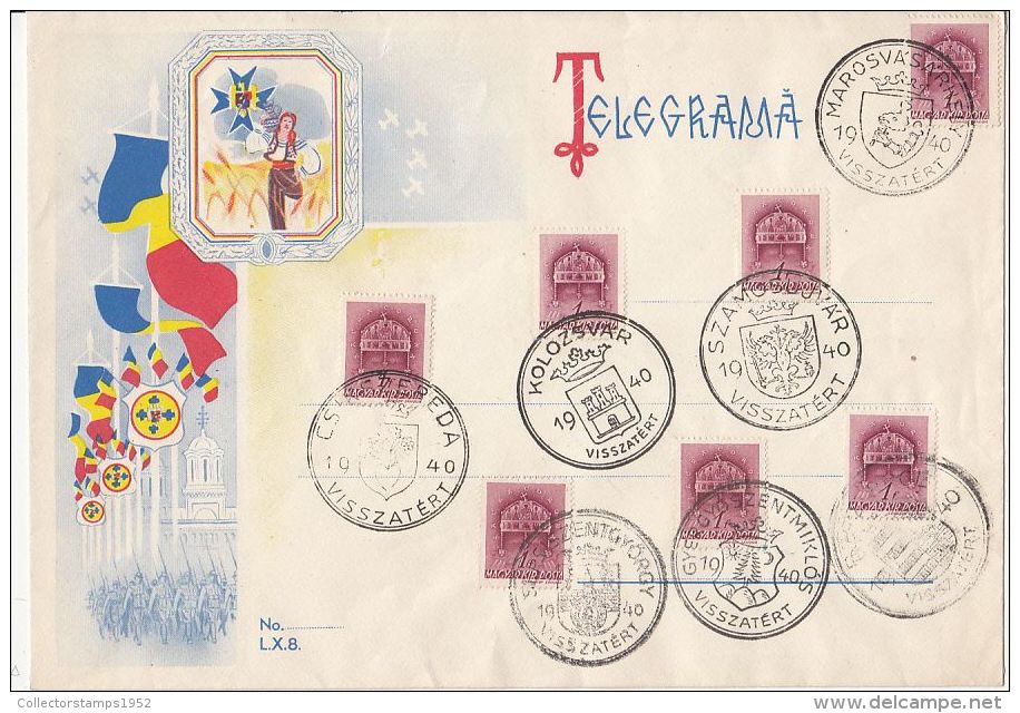 2225FM- ROMANIA,TELEGRAMME COVER, FLAG, ROYAL CROWN STAMP, TRANSYLVANIAN TOWNS RETURNED ROUND STAMPS, 1940, HUNGARY - Télégraphes