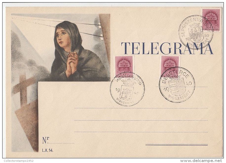 2226FM- TELEGRAMME COVER, WOMAN, ROYAL CROWN STAMP, TRANSYLVANIAN TOWNS RETURNED ROUND STAMPS, 1940, HUNGARY - Télégraphes