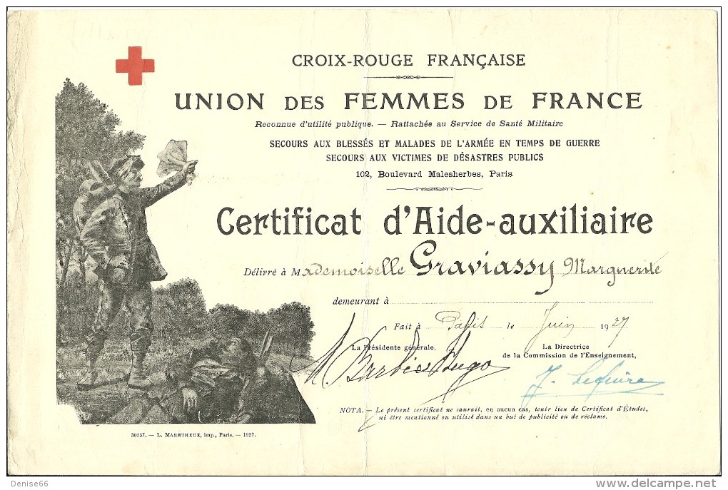 Juin 1927 - CROIX ROUGE FRANÇAISE - UNION Des FEMMES De FRANCE - Certificat D'AIDE-AUXILIAIRE - - Documents Historiques