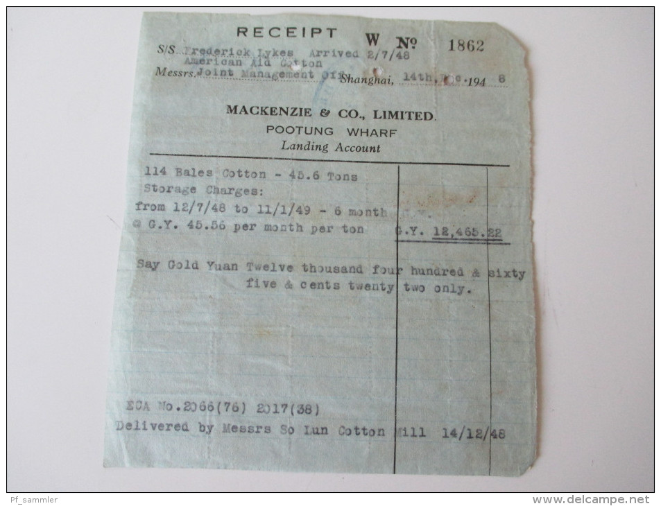 China 1948. Rechnung. Receipt. Schöne Frankatur! Macenzie & Co. Limited. Pootung Wharf. Landing Account.  Toller Beleg. - Covers & Documents