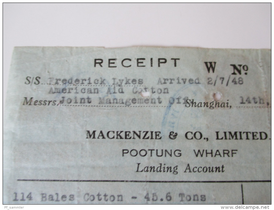 China 1948. Rechnung. Receipt. Schöne Frankatur! Macenzie & Co. Limited. Pootung Wharf. Landing Account.  Toller Beleg. - Storia Postale