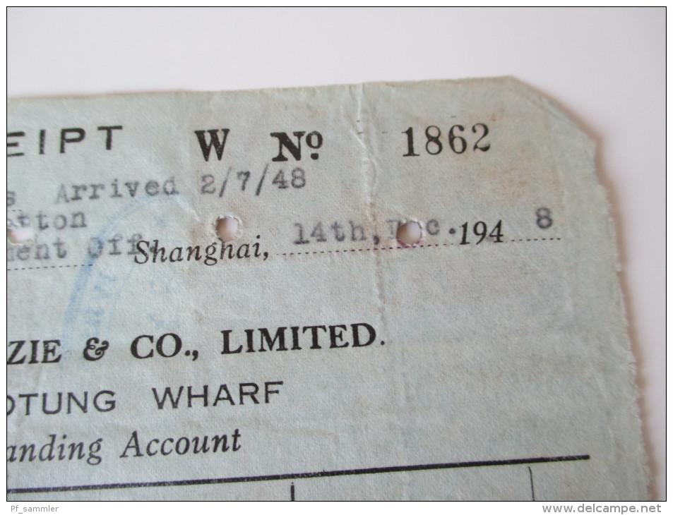 China 1948. Rechnung. Receipt. Schöne Frankatur! Macenzie & Co. Limited. Pootung Wharf. Landing Account.  Toller Beleg.