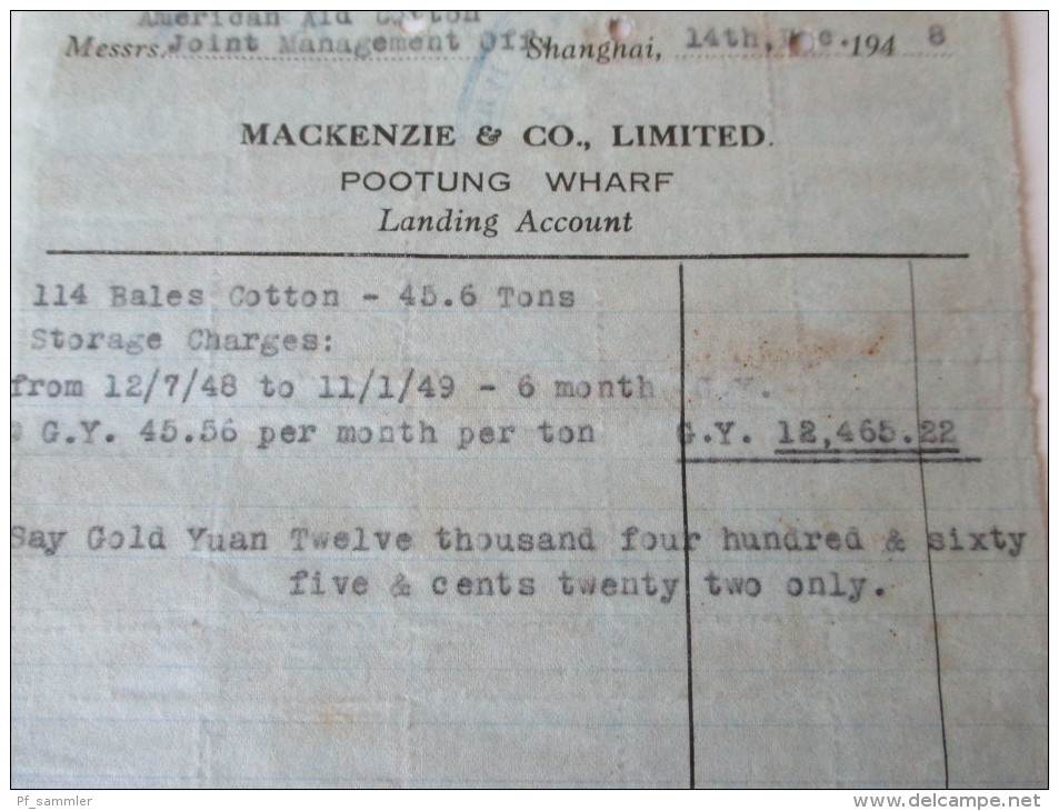 China 1948. Rechnung. Receipt. Schöne Frankatur! Macenzie & Co. Limited. Pootung Wharf. Landing Account.  Toller Beleg.