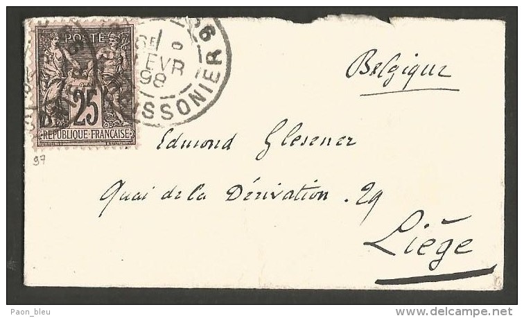 France - Sage N° 97 Sur Lettre De Paris 66 Meissonier Vers Liège Du 8/2/98 - 1876-1898 Sage (Type II)