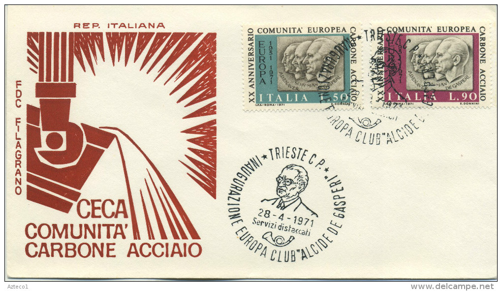 ITALIA - FDC FILAGRANO ROSSA 1971 -  C.E.C.A. - ADENAUER - SCHUMAN - DE GASPERI  - ANNULLO SPECIALE DE GASPERI - FDC