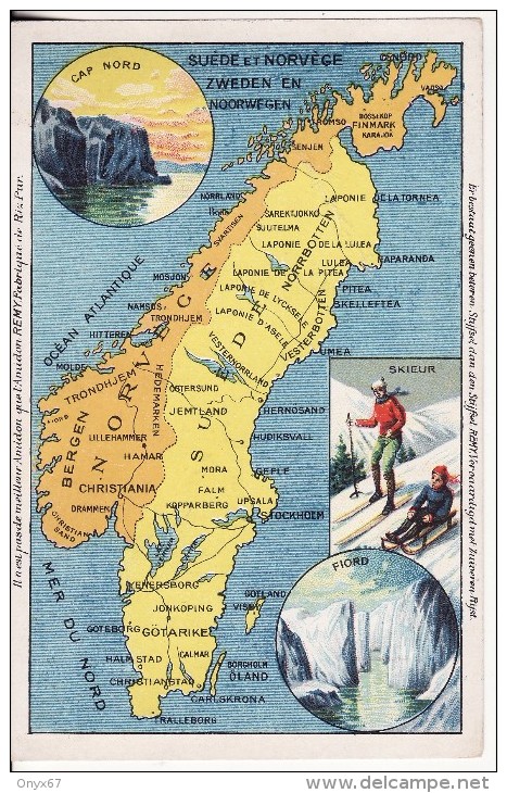 Carte Postale DESSIN-Publicité Amidon REMY-Carte De La NORVEGE-NORWAY-SUEDE-ZWEDEN-Skieur-Ski-Luge-CAP NORD-FIORD - Norvegia