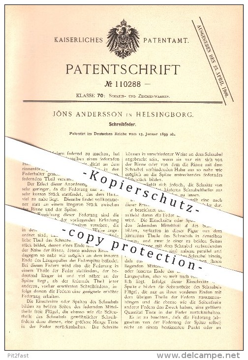 Original Patent - Jons Andersson In Helsingborg / Schweden , 1899 , Schreibfeder , Feder , Schreiben , Federhalter !!! - Vulpen