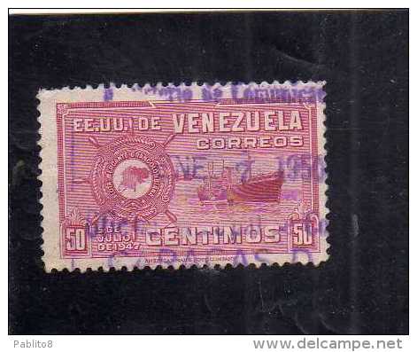 VENEZUELA 1948 1950  BOATS AND SHIPS Greater Colombia Merchant Marine ANNIVERSARY NAVI CENT. 50  USATO USED OBLITERE´ - Venezuela