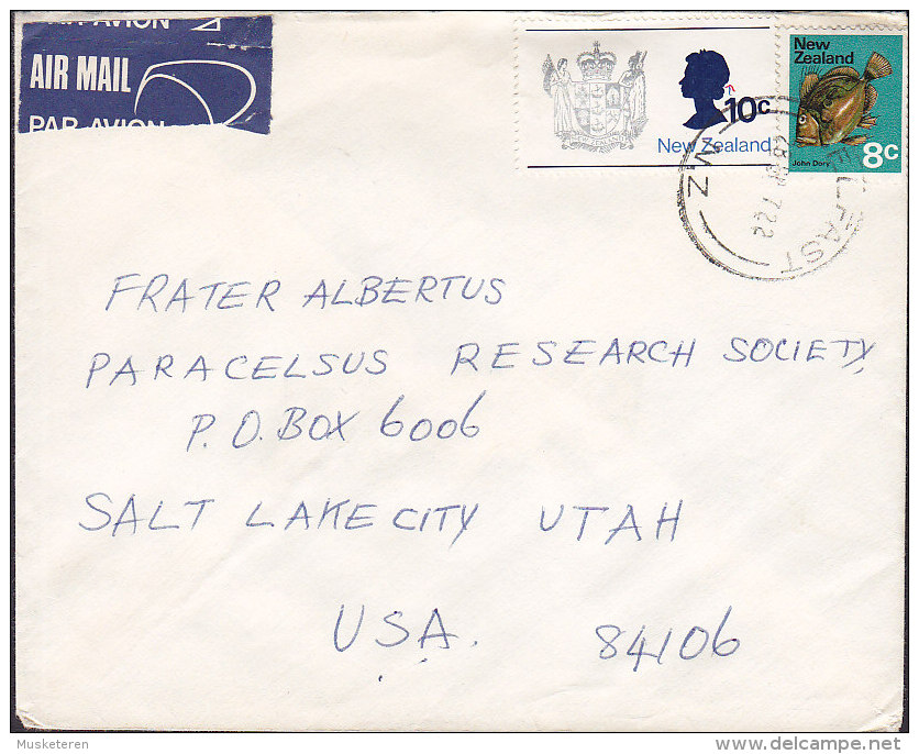 New Zealand AIR MAIL Par Avion Label BELFAST 1972 Cover Brief SALT LAKE CITY Utah USA Fish Poisson Fische John Dory - Luftpost