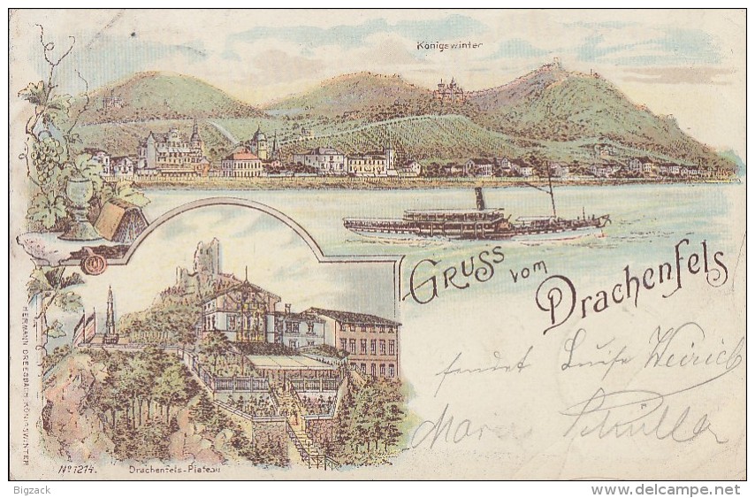 Litho Gruss Vom Drachenfels, Königswinter Color Gelaufen 26.7.01 - Königswinter