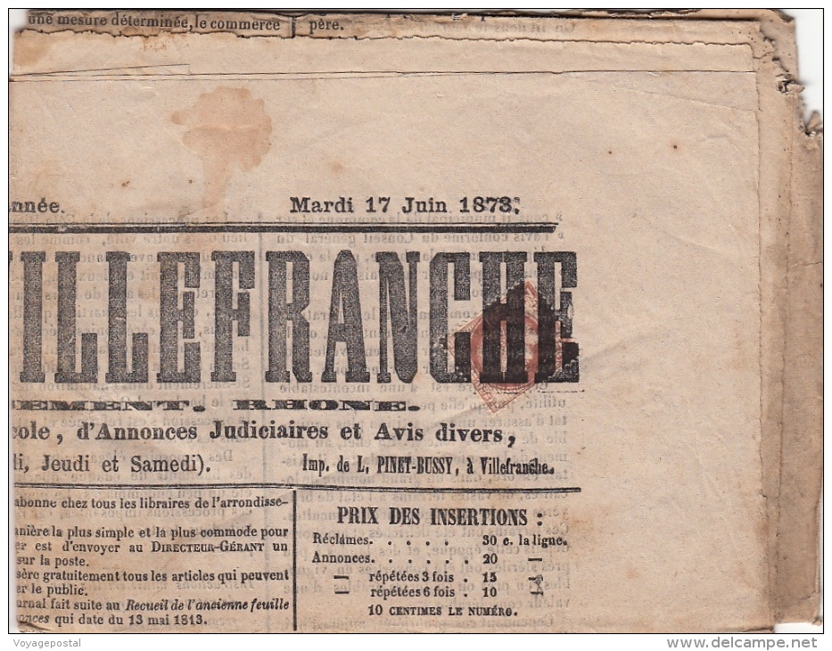 Journal De Villefranche 2cts (n°51) Oblitération Typo - 1849-1876: Classic Period