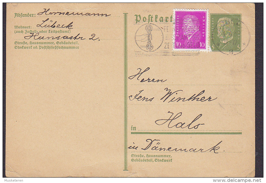 Germany Deutsches Reich Uprated Postal Stationery Ganzsache Slogan "Fernsprecher" LÜBECK 1932 HALS Denmark - Cartoline