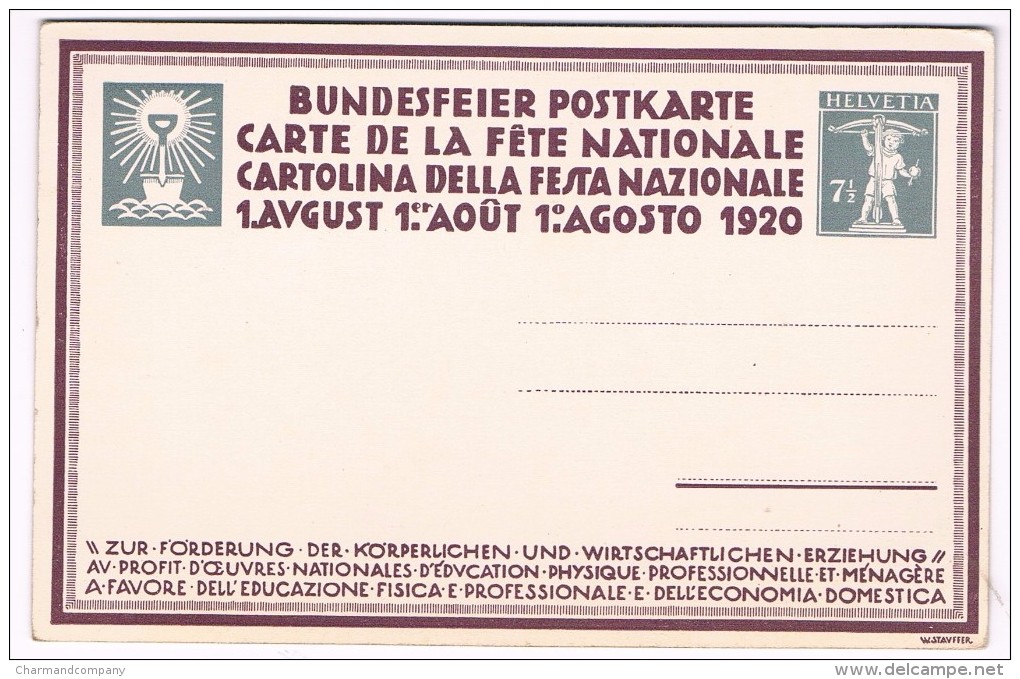 Carte De La Fête Nationale / 1er Août 1920 - Le Labour - Entiers Postaux