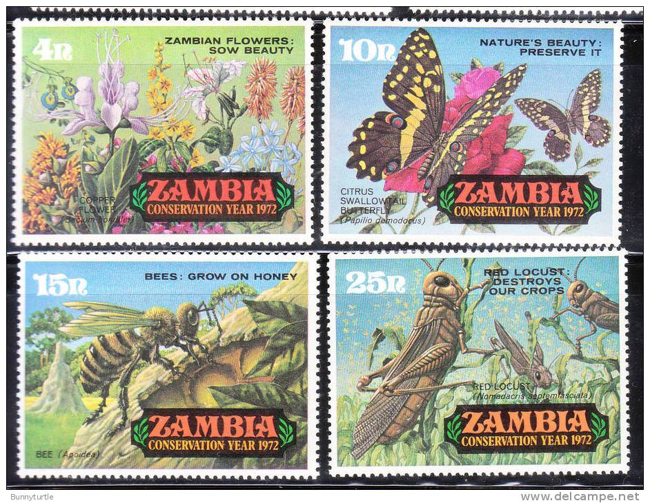 Zambia 1972 Conservation Year Flowers Bee Corn Locusts MNH - Zambia (1965-...)