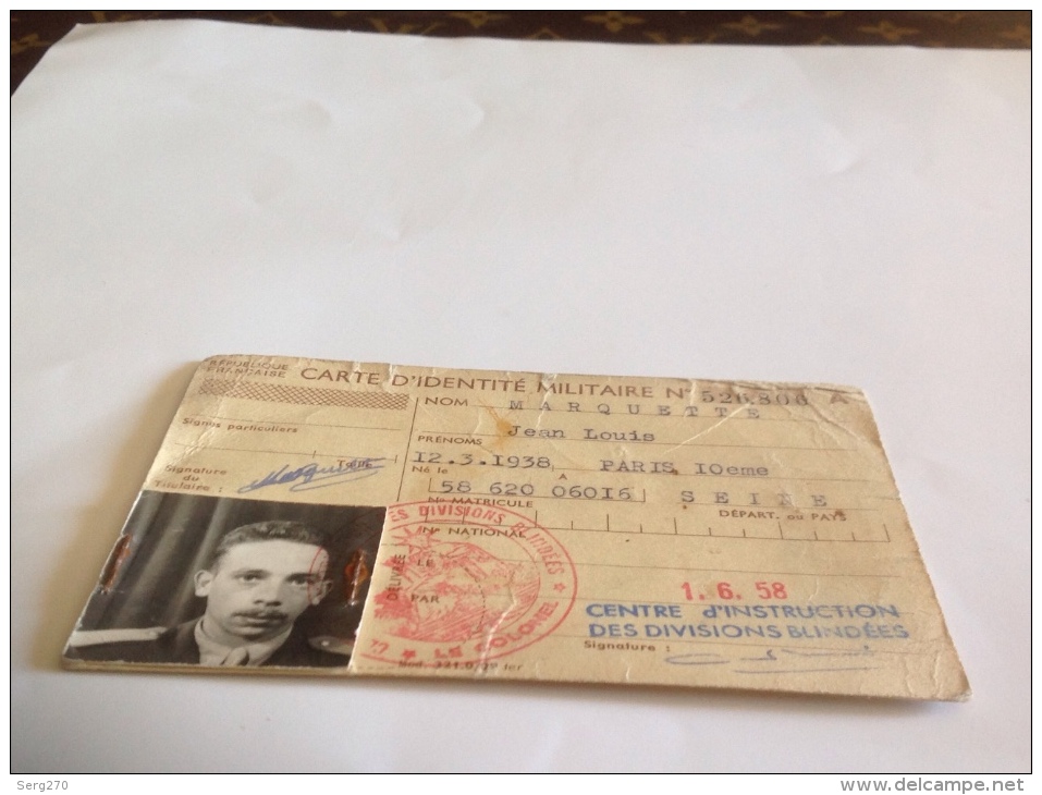 Carte D Identité Militaire Paris Division Blindée 1938 Seine 1958 - Autres & Non Classés