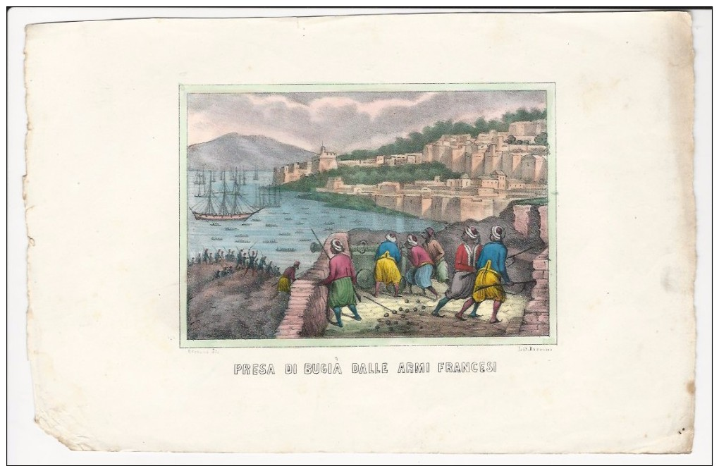 1850´s Italian Vintage Handcolored Print French Attack To BEJAIA Béjaïa Bgayet Vgaiet Bougie Bijaya  Dzayer Algeria - Historische Dokumente