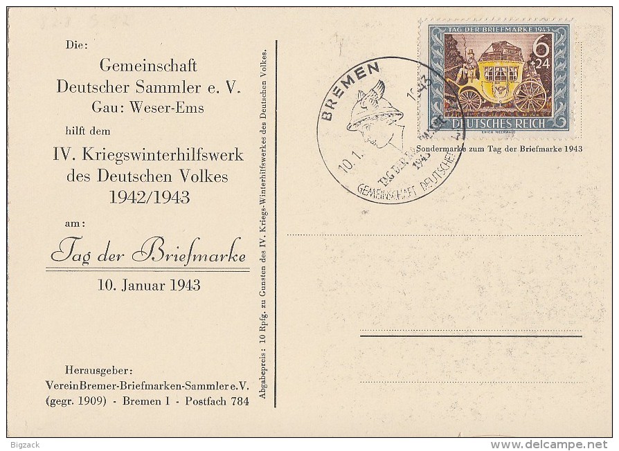 DR Anlasskarte Zum 1. Kreisfest Des N.S.R.L. Bremen EF Minr.828 SST Bremen 10.1.43 FDC - Briefe U. Dokumente